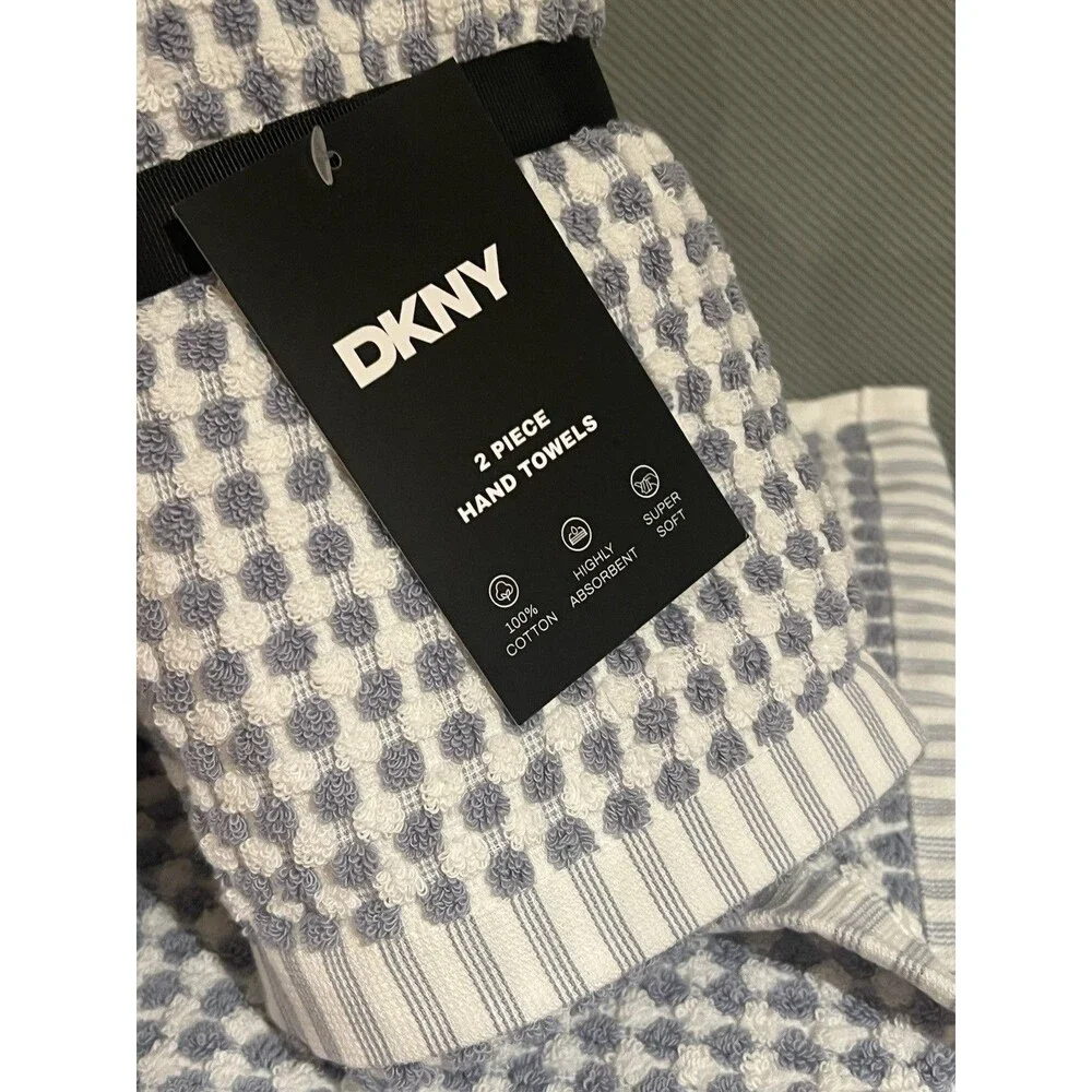 DKNY 2 Bath & 2 Hand Towels & 4 Washcloths Gingham Monet Tile Blue Check 8 Piece